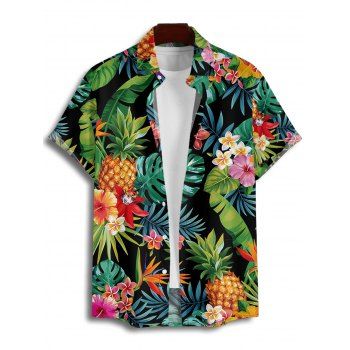 Vacation Couple Outfit Tropical Leaf Floral Pineapple Pattern Ruched Bust Belt Dress and Button Up Shirt Beach Matching Outfit