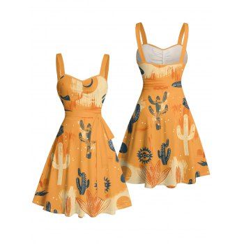 Cactus Western Retro Style Cowboy Hat Print Colorblock Ruched Bust Vacation Dress Sweetheart Neck A Line Mini Dress