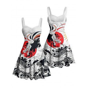 Ukiyo-e Style Dragon Sun Printed Ruched Bust Vacation Dress Sweetheart Neck A Line Mini Casual Dress