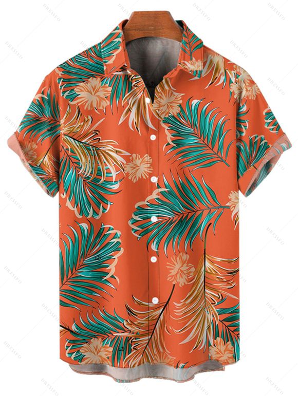 Chemise de vacances à motif floral et feuilles tropicales pour homme, boutonnée, retroussée, manches courtes, pour la plage - Orange 5XL