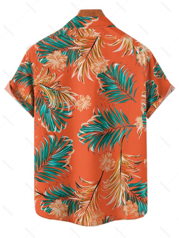 Chemise de vacances à motif floral et feuilles tropicales pour homme, boutonnée, retroussée, manches courtes, pour la plage - Orange 2XL