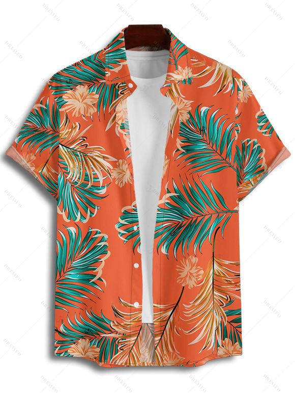 Chemise de vacances à motif floral et feuilles tropicales pour homme, boutonnée, retroussée, manches courtes, pour la plage - Orange 2XL