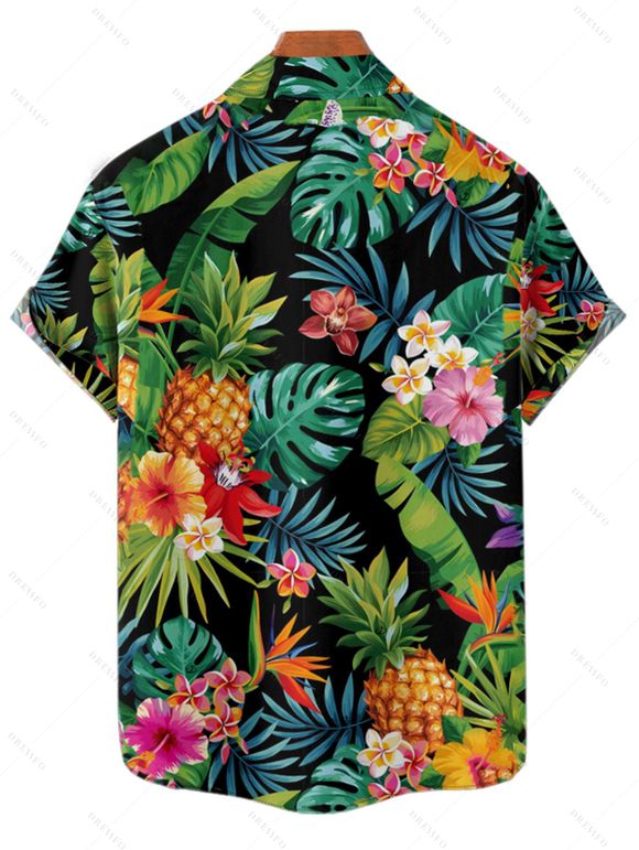 Chemise de vacances à motif floral ananas et feuilles tropicales pour homme, boutonnée, retroussée, manches courtes, pour la plage - multicolor 3XL