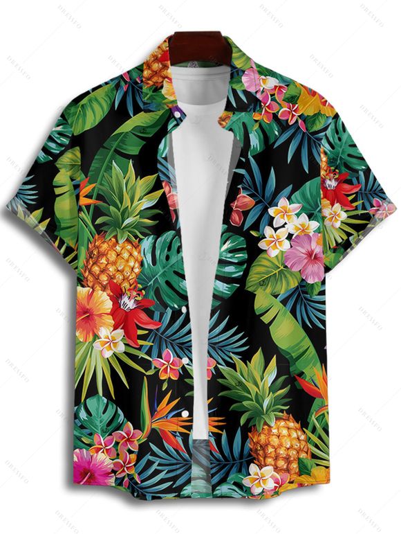 Chemise de vacances à motif floral ananas et feuilles tropicales pour homme, boutonnée, retroussée, manches courtes, pour la plage - multicolor 3XL
