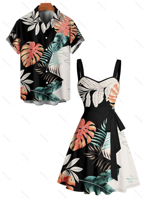 Vacation Couple Outfit Colorblock Tropical Plant Leaf Pattern Ruched Bust Belt Dress and Button Up Shirt Beach Matching Outfit - multicolor S | US 4