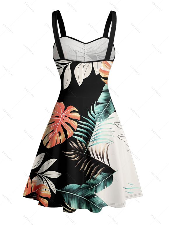 Vacation Couple Outfit Colorblock Tropical Plant Leaf Pattern Ruched Bust Belt Dress and Button Up Shirt Beach Matching Outfit - multicolor S | US 4