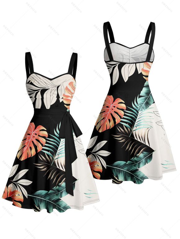 Vacation Couple Outfit Colorblock Tropical Plant Leaf Pattern Ruched Bust Belt Dress and Button Up Shirt Beach Matching Outfit - multicolor S | US 4