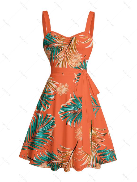 Robe de vacances à motif floral et feuilles tropicales, buste froncé, ceinture, col en cœur, mini robe de plage trapèze - Orange XXXXXL | US 20