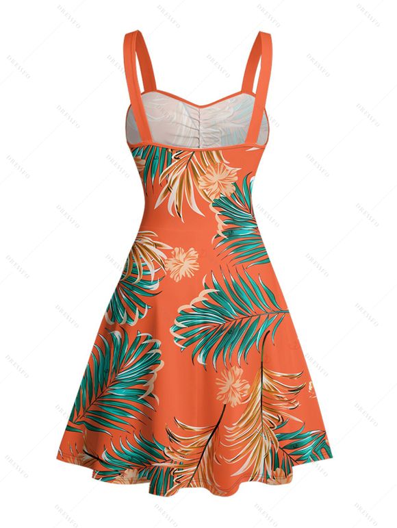 Robe de vacances à motif floral et feuilles tropicales, buste froncé, ceinture, col en cœur, mini robe de plage trapèze - Orange XXL | US 14