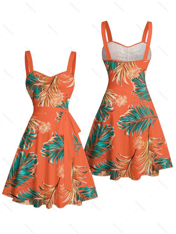 Robe de vacances à motif floral et feuilles tropicales, buste froncé, ceinture, col en cœur, mini robe de plage trapèze - Orange XXL | US 14