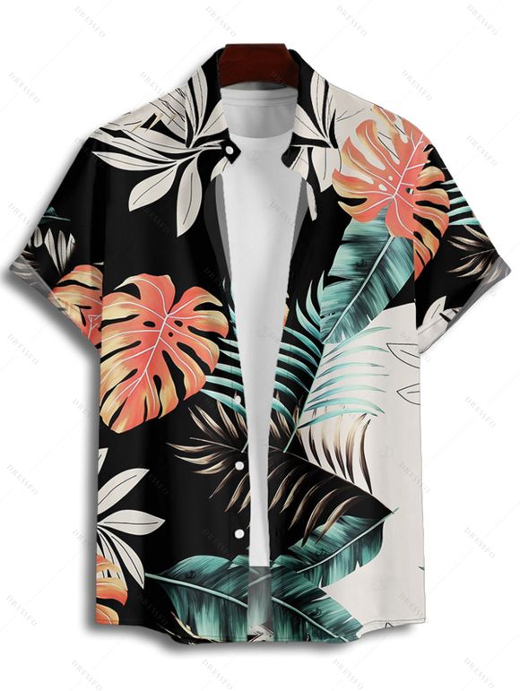 Vacation Couple Outfit Colorblock Tropical Plant Leaf Pattern Ruched Bust Belt Dress and Button Up Shirt Beach Matching Outfit - multicolor S | US 4