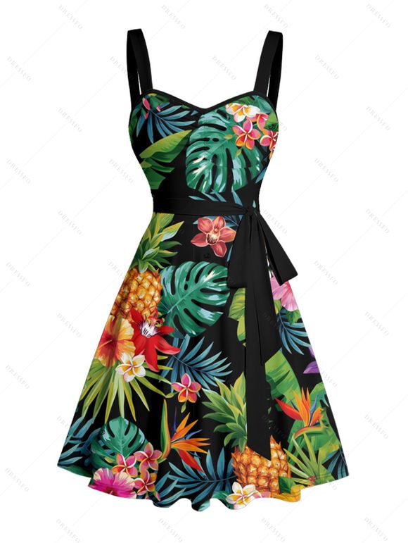 Robe de vacances à motif floral ananas et feuilles tropicales, buste froncé, ceinture, col en cœur, mini robe de plage trapèze - multicolor XXXXXL | US 20