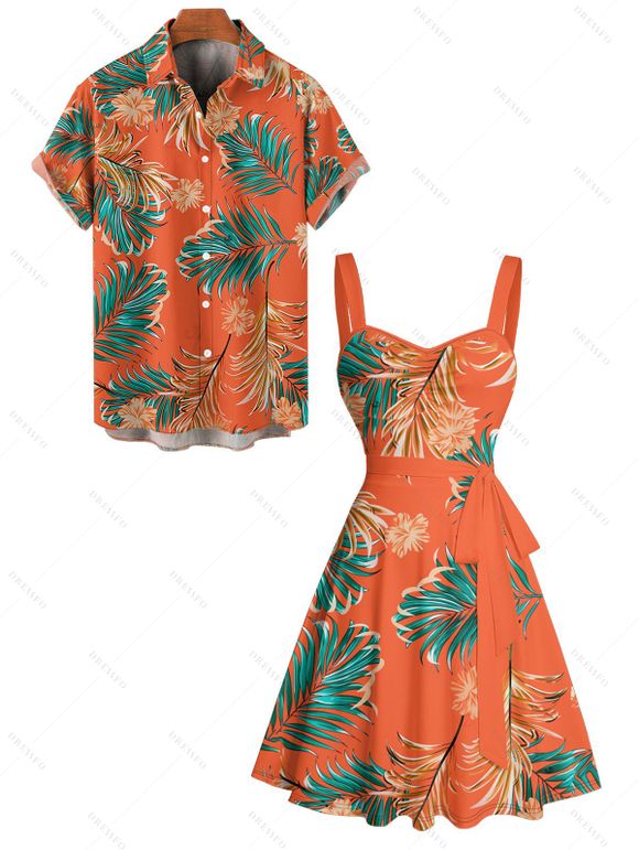 Vacation Couple Outfit Tropical Plant Leaf Floral Pattern Ruched Bust Belt Dress and Button Up Shirt Beach Matching Outfit - Orange S | US 4