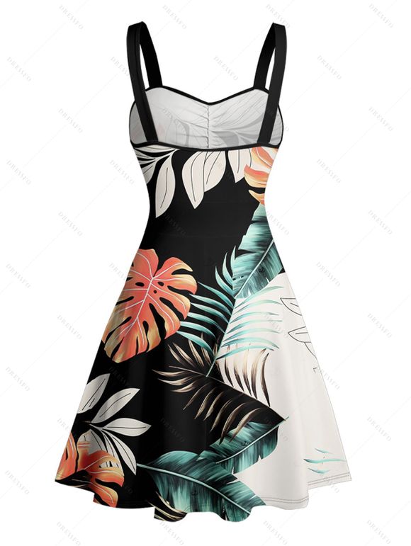 Robe de vacances à imprimé feuilles tropicales et à volants, ceinture et décolleté en cœur, mini robe de plage trapèze - multicolor XXXL | US 16