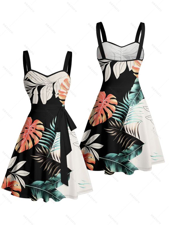 Robe de vacances à imprimé feuilles tropicales et à volants, ceinture et décolleté en cœur, mini robe de plage trapèze - multicolor XXXL | US 16