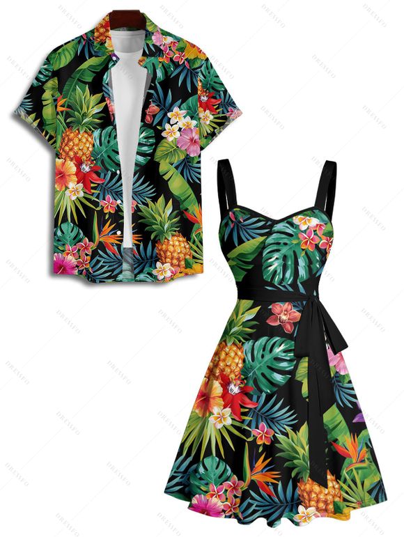 Vacation Couple Outfit Tropical Leaf Floral Pineapple Pattern Ruched Bust Belt Dress and Button Up Shirt Beach Matching Outfit - multicolor S | US 4