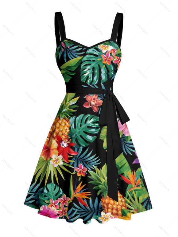 Vacation Couple Outfit Tropical Leaf Floral Pineapple Pattern Ruched Bust Belt Dress and Button Up Shirt Beach Matching Outfit - multicolor S | US 4