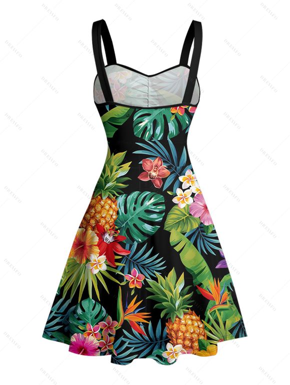 Vacation Couple Outfit Tropical Leaf Floral Pineapple Pattern Ruched Bust Belt Dress and Button Up Shirt Beach Matching Outfit - multicolor S | US 4