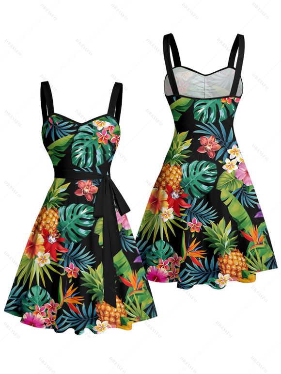 Vacation Couple Outfit Tropical Leaf Floral Pineapple Pattern Ruched Bust Belt Dress and Button Up Shirt Beach Matching Outfit - multicolor S | US 4