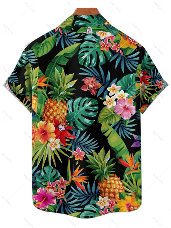 Vacation Couple Outfit Tropical Leaf Floral Pineapple Pattern Ruched Bust Belt Dress and Button Up Shirt Beach Matching Outfit - multicolor S | US 4