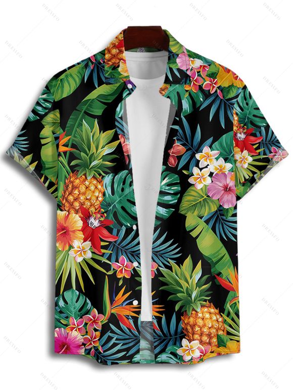 Vacation Couple Outfit Tropical Leaf Floral Pineapple Pattern Ruched Bust Belt Dress and Button Up Shirt Beach Matching Outfit - multicolor S | US 4