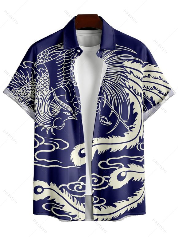 Chemise de vacances imprimée pour homme, boutonnée, retroussée, manches courtes, décontractée - Bleu profond 5XL