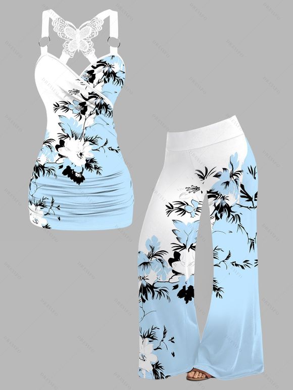 Vacation Women Outfit Flower Leaf Pattern Colorblock Butterfly Lace Ruched Surplice O Ring Strap Tank Top and Wide Leg Pants Casual Set - Bleu clair S | US 4