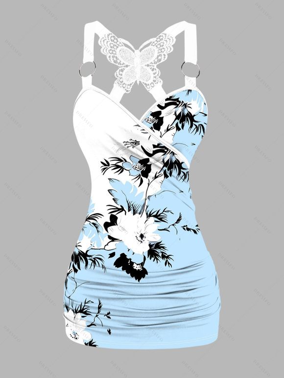 Vacation Women Outfit Flower Leaf Pattern Colorblock Butterfly Lace Ruched Surplice O Ring Strap Tank Top and Wide Leg Pants Casual Set - Bleu clair S | US 4