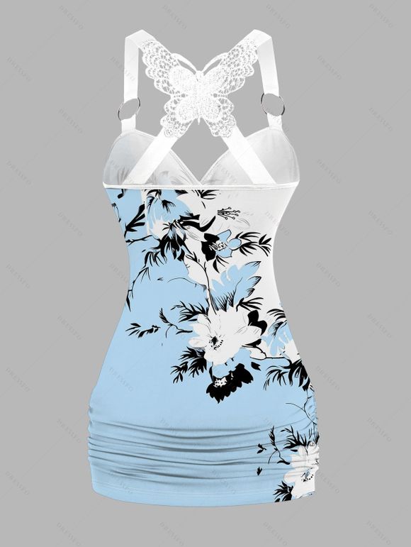 Vacation Women Outfit Flower Leaf Pattern Colorblock Butterfly Lace Ruched Surplice O Ring Strap Tank Top and Wide Leg Pants Casual Set - Bleu clair S | US 4