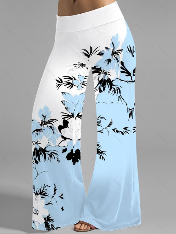Vacation Women Outfit Flower Leaf Pattern Colorblock Butterfly Lace Ruched Surplice O Ring Strap Tank Top and Wide Leg Pants Casual Set - Bleu clair S | US 4