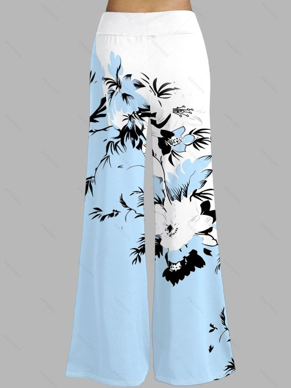 Vacation Women Outfit Flower Leaf Pattern Colorblock Butterfly Lace Ruched Surplice O Ring Strap Tank Top and Wide Leg Pants Casual Set - Bleu clair S | US 4