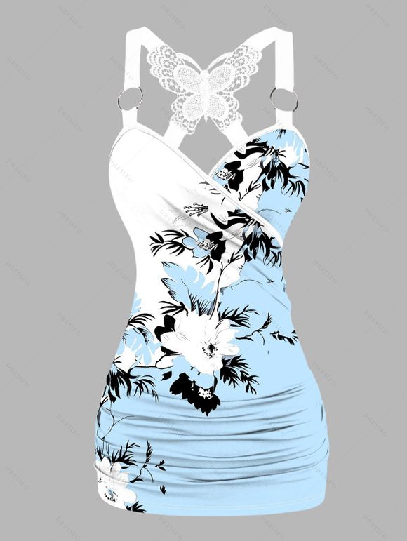 Débardeur de vacances à motif de fleurs et de feuilles, bloc de couleurs, dentelle papillon, froncé, bretelles à anneau en O, haut long décontracté - Bleu clair XXL | US 14
