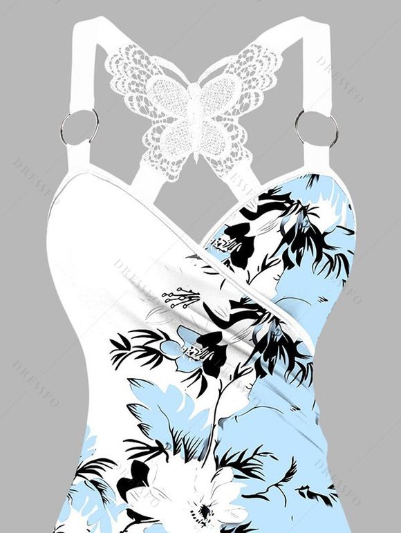 Débardeur de vacances à motif de fleurs et de feuilles, bloc de couleurs, dentelle papillon, froncé, bretelles à anneau en O, haut long décontracté - Bleu clair XL | US 12