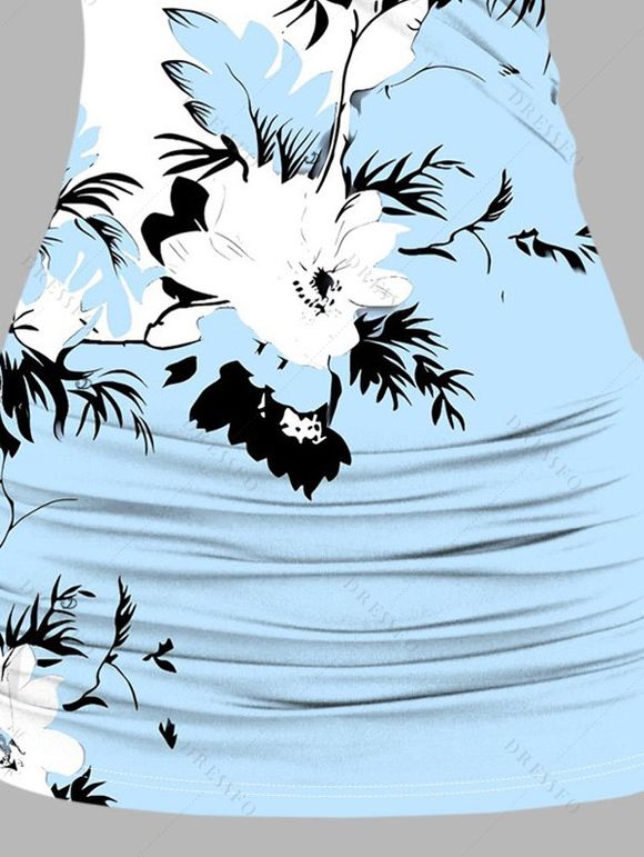 Débardeur de vacances à motif de fleurs et de feuilles, bloc de couleurs, dentelle papillon, froncé, bretelles à anneau en O, haut long décontracté - Bleu clair XL | US 12