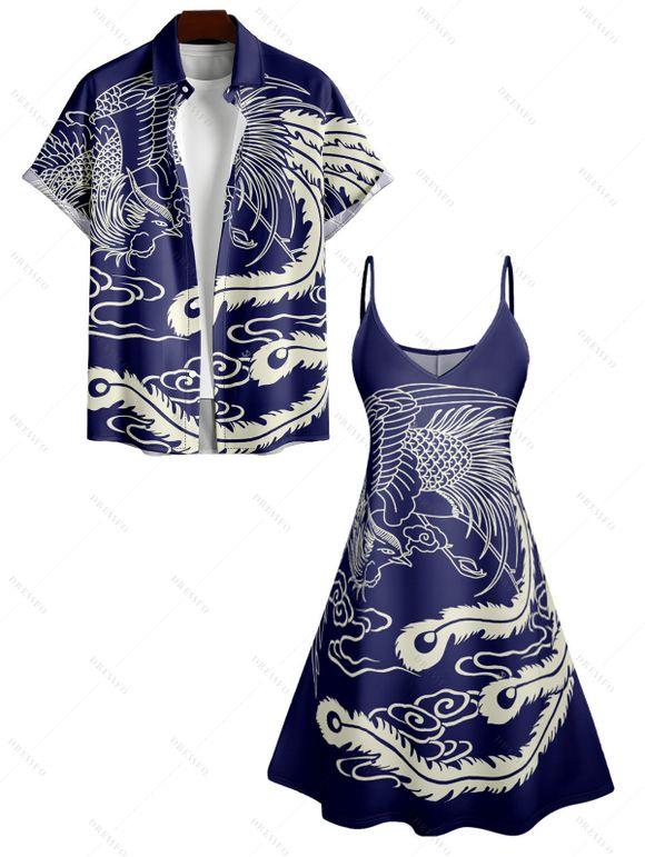 Vacation Couple Outfit Printed Spaghetti Strap V Neck A Line Mini Tank Dress and Button Up Shirt Casual Matching Outfit - Bleu profond S | US 4