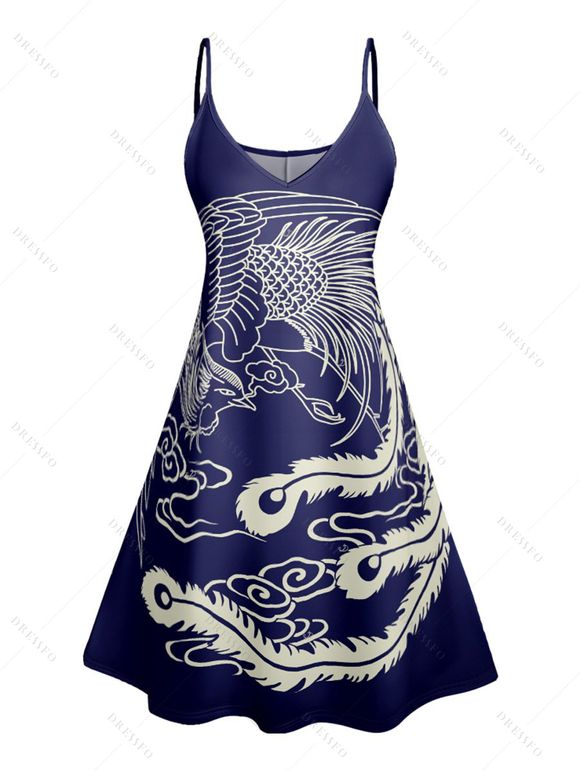 Vacation Couple Outfit Printed Spaghetti Strap V Neck A Line Mini Tank Dress and Button Up Shirt Casual Matching Outfit - Bleu profond S | US 4