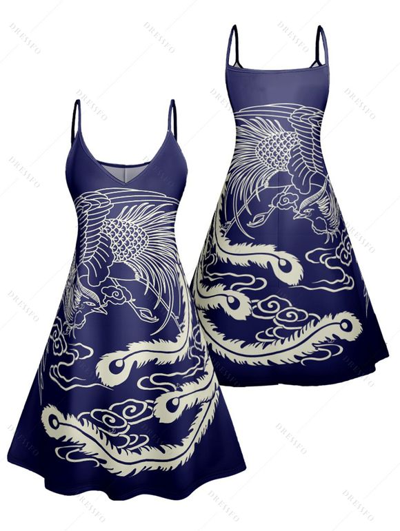 Vacation Couple Outfit Printed Spaghetti Strap V Neck A Line Mini Tank Dress and Button Up Shirt Casual Matching Outfit - Bleu profond S | US 4