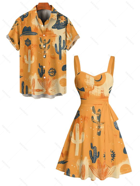 Vacation Couple Outfit Cactus Western Retro Style Cowboy Hat Print Colorblock Ruched Bust Dress and Button Up Shirt Matching Outfit - orange clair S | US 4