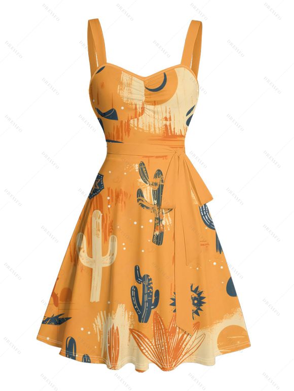 Vacation Couple Outfit Cactus Western Retro Style Cowboy Hat Print Colorblock Ruched Bust Dress and Button Up Shirt Matching Outfit - orange clair S | US 4