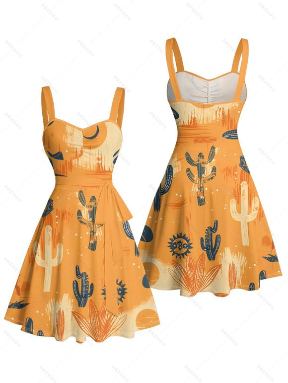 Vacation Couple Outfit Cactus Western Retro Style Cowboy Hat Print Colorblock Ruched Bust Dress and Button Up Shirt Matching Outfit - orange clair S | US 4