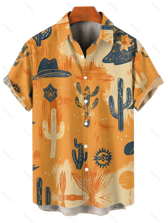 Vacation Couple Outfit Cactus Western Retro Style Cowboy Hat Print Colorblock Ruched Bust Dress and Button Up Shirt Matching Outfit - orange clair S | US 4