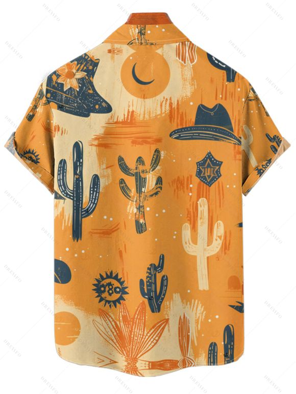 Vacation Couple Outfit Cactus Western Retro Style Cowboy Hat Print Colorblock Ruched Bust Dress and Button Up Shirt Matching Outfit - orange clair S | US 4