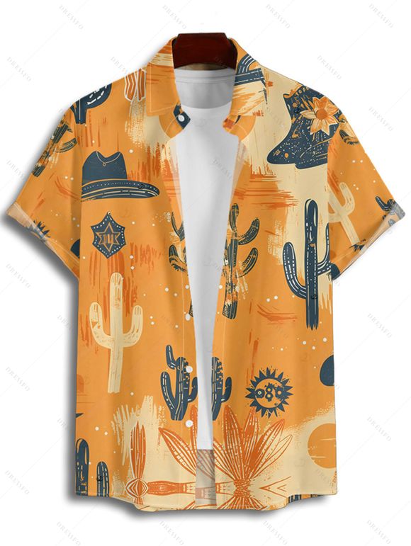 Vacation Couple Outfit Cactus Western Retro Style Cowboy Hat Print Colorblock Ruched Bust Dress and Button Up Shirt Matching Outfit - orange clair S | US 4