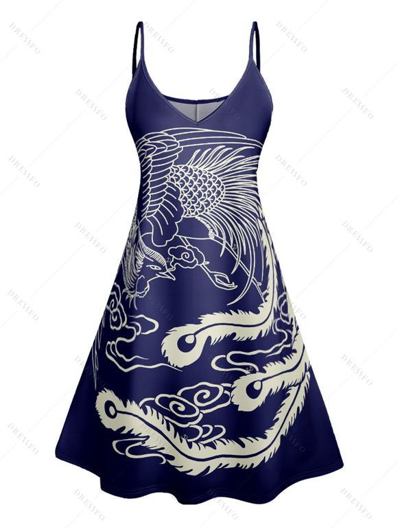 Robe de vacances imprimée à bretelles spaghetti et col en V, mini robe débardeur décontractée - Bleu profond XXXXXL | US 20
