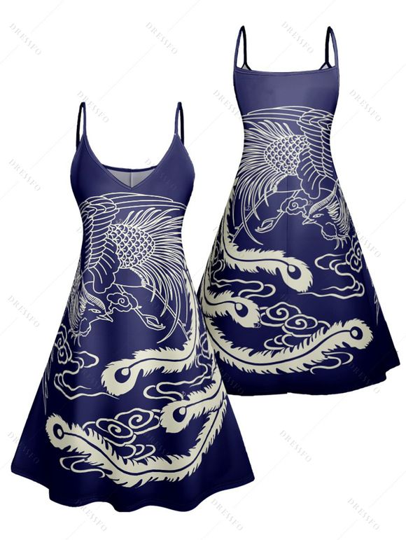 Robe de vacances imprimée à bretelles spaghetti et col en V, mini robe débardeur décontractée - Bleu profond XXXL | US 16