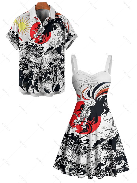 Vacation Couple Outfit Ukiyo-e Style Dragon Sun Printed Ruched Bust Sweetheart Neck A Line Mini Dress and Button Up Shirt Casual Matching Outfit - Blanc S | US 4