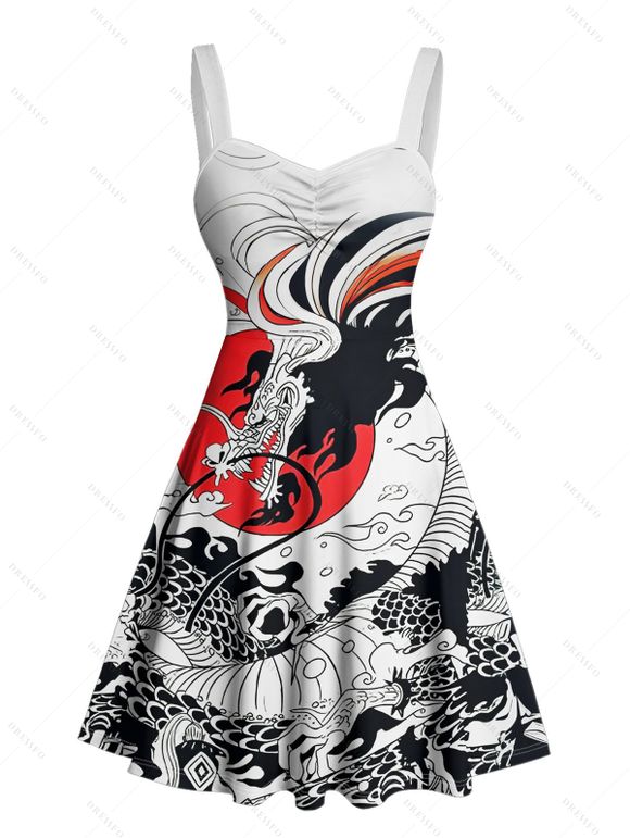 Vacation Couple Outfit Ukiyo-e Style Dragon Sun Printed Ruched Bust Sweetheart Neck A Line Mini Dress and Button Up Shirt Casual Matching Outfit - Blanc S | US 4