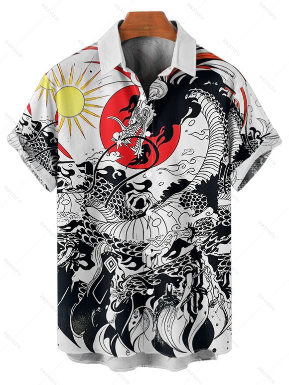 Vacation Couple Outfit Ukiyo-e Style Dragon Sun Printed Ruched Bust Sweetheart Neck A Line Mini Dress and Button Up Shirt Casual Matching Outfit - Blanc S | US 4