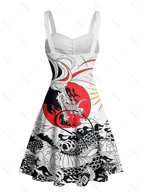 Robe de vacances style Ukiyo-e, imprimé dragon et soleil, buste froncé, décolleté en cœur, coupe trapèze, mini-robe décontractée - Blanc XXL | US 14