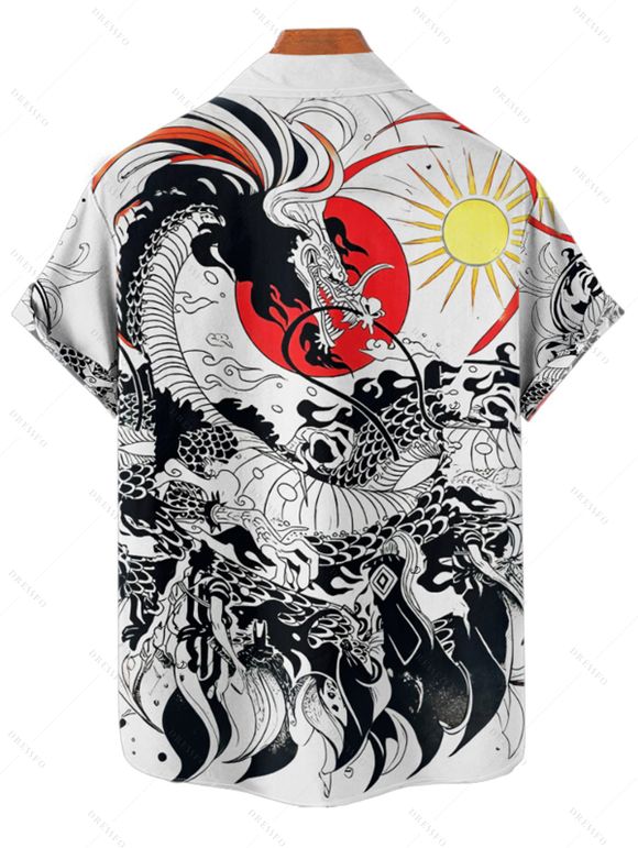 Vacation Couple Outfit Ukiyo-e Style Dragon Sun Printed Ruched Bust Sweetheart Neck A Line Mini Dress and Button Up Shirt Casual Matching Outfit - Blanc S | US 4